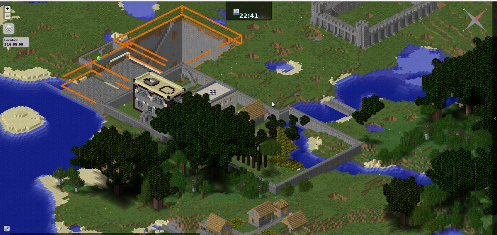 Dynmap's browser-based live map showing a rendered Minecraft world from above with terrain and biomes visible